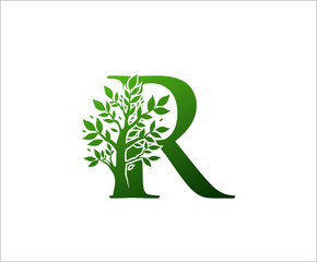R Logo Letter Created From Tree Branches and Leaves. Tree Letter Design with Ecology Concept..
