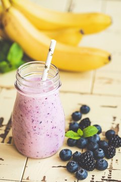 Blueberry Banana Smoothie In Glass. Toned Image. Healthy Fruit Detox Drink