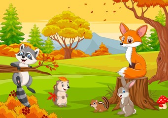 Obraz na płótnie Canvas Cartoon wild animals in the autumn forest
