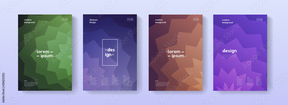 Poster minimal geometic polygonal covers. a4 size abstract gradient background illustrations for brochure, 