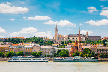 Buda district Fisherman's Bastion and St. Matthias Church with Danube river in Budapest, Hungary
