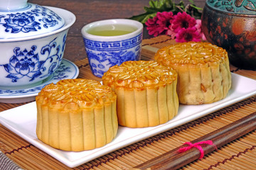 Moon cake for Mid autumn festival (Zhongqiujie or Zhongqiu festival) , Retro vintage style of Chinese traditional food and dessert. (Moon cake is call 