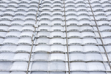 aerial view of modern industrial building roof with ventilation system and skylights