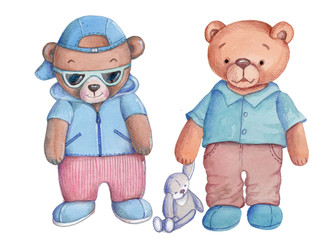 Two cute cartoon teddy bears watercolor.