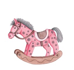 Watercolor hand drawn cute cartoon little toy horse