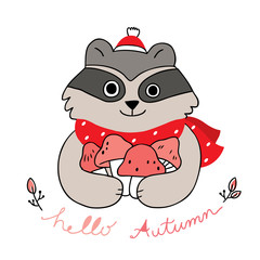 Cartoon cute Autumn, Raccoon and mushroom vector.