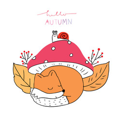 Cartoon cute Autumn, Foxes and snail under mushroom vector.