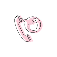 Speech bubble with couple of hearts, near a telephone receiver. 