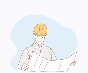 man watching and checking details on a construction site. Hand drawn style vector design illustrations.