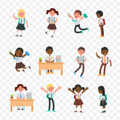cute children go to school. student with a bag, book, pencils returns to school. Set of cute school kids. big set of girls and boys with school supplies. collection children of different nationalities