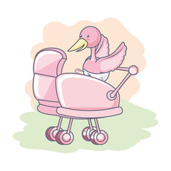 cute stork animal with diaper and baby cart