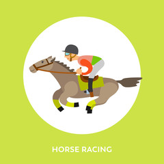 Horse racing sports vector, rider wearing helmet sitting horseback isolated character in frame with letering. Equestrian race, horserace competition flat style