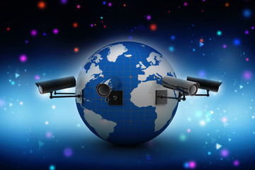 Fototapeta na wymiar 3d rendering Surveillance CCTV Security Camera connected globe 