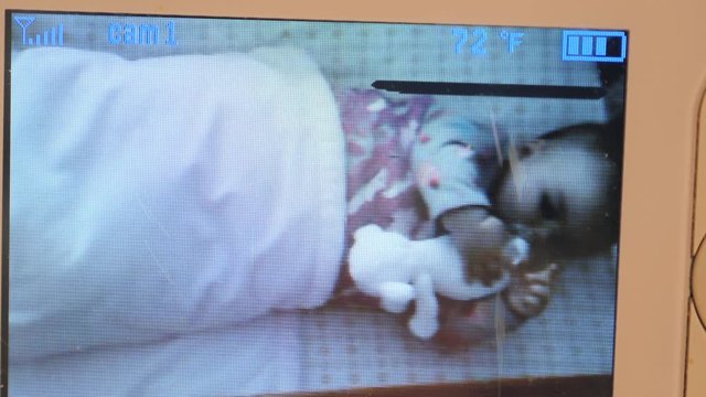 A baby lying in the crib seen through the monitor