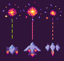 Spaceship shooting, explosion of pixelated object, invaders and cosmic sign on purple, video and pixel game, rocket war, dotted line and bang from vehicle vector. 8 bit old video-game