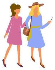 Two woman sisters in pink and blue dresses walk together. Vector isolated female friends at marketplace. Lady in hat and sack, shopping free time concept. Flat cartoon