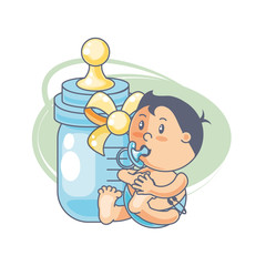 cute baby boy with pacifier and bottle milk