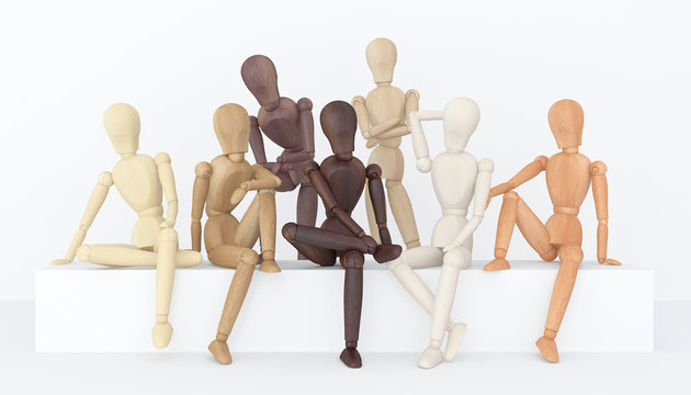 People of different nationalities on a white background. Wooden mannequins with different skin color. The concept of unity and friendship of the peoples of the world. 3D rendering.