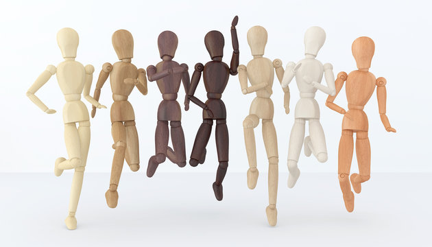People of different nationalities jump on a white background. Mannequins with different skin color. The concept of unity and friendship of the peoples of the world. 3D rendering.