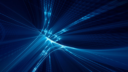 Abstract blue background element on black. Fractal graphics 3d Illustration. Three-dimensional composition of glowing lines and motion blur traces. Movement and innovation concept.