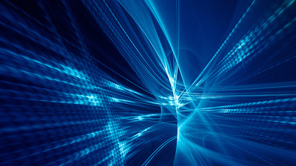 Abstract blue background element on black. Fractal graphics 3d Illustration. Three-dimensional composition of glowing lines and motion blur traces. Movement and innovation concept.