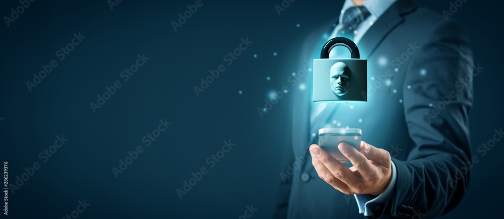 Wall mural smart phone face detection and identification (id) concept. padlock with face is metaphor of unlocki