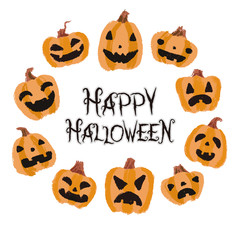 ハロウィン　色々な表情のお化けカボチャ　パステル画風イラスト