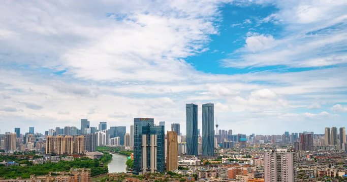 Beautiful time lapse cityscape of Chengdu China in good weather Jinjiang river flowing through the city high office buildings by the Wangjiang Pavilion (Wangjiang Tower) Park (Wangjianglou Park) 