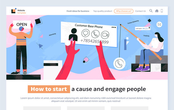 How to start cause and engage people vector with phone number of client customer. Woman fishing and looking for person call and email message. Webpage template, customer base phone, website marketing