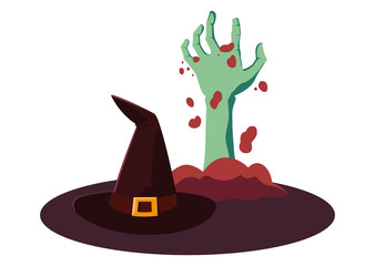 witch hat and zombie hand happy halloween celebration