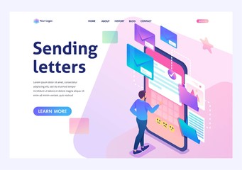 Young man creates New email message, send mail notification. New incoming message. Business correspondence. 3d isometric. For Landing page concepts and web design