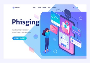 Isometric concept Phishing link, theft of data from the mobile application, credit card data and user passwords, the girl in shock. For advertising concepts and web