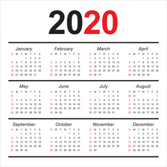 Year 2020 calendar vector design template