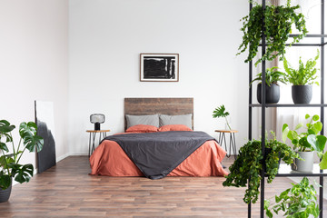 Back poster on the white wall of elegant bedroom interior with king size bed with wooden headboard...