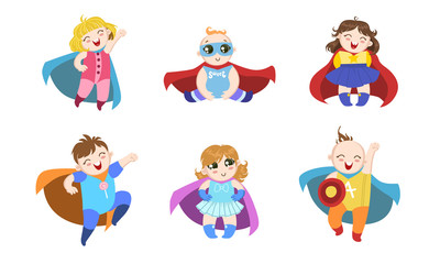 Obraz na płótnie Canvas Cute Superhero Babies Set, Happy Adorable Boys and Girls in Costumes of Superhero and Capes Vector Illustration