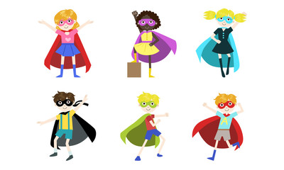 Fototapeta premium Superhero Kids Set, Happy Cute Boys and Girls in Costumes of Superhero, Capes amd Masks Vector Illustration