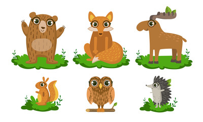 Cute Woodland Animals Set, Owl, Hedgehog, Bear, Fox, Moose Vector Illustration
