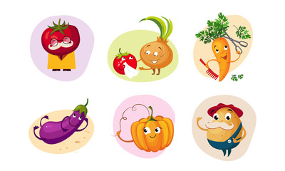 Cute Happy Vegetables Characters Set, Funny Mascots with Smiling Faces, Eggplant, Pumpkin, Potato, Onion, Tomato, Carrot Vector Illustration