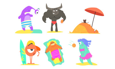 Obraz na płótnie Canvas Funny Monsters on Beach Set, Cute Happy Mutants Sunbathing, Playing Volleyball, Surfing Vector Illustration