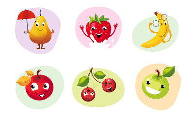 Cute Happy Fruits Characters Set, Funny Mascots with Smiling Faces, Pear, Strawberry, Banana, Apple, Couple of Cherries Vector Illustration