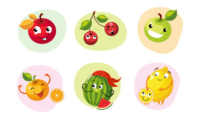 Fototapeta premium Cute Happy Fruits Characters Set, Funny Mascots with Smiling Faces, Apple, Cherries, Orange, Watermelon, Lemon Vector Illustration
