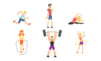 Fototapeta na wymiar People Performing Various Sports Activities Set, Young Men and Women Running, Exercising with Dumbbells and Barbell, Jumping with Rope Vector Illustration