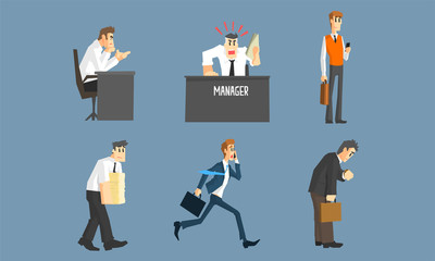 Naklejka na ściany i meble Business People Working in Office Set, Male and Female Managers Characters in Different Situations Vector Illustration
