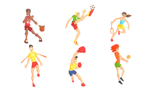 People Performing Various Sports Activities Set, Young Men and Women Running, Playing Basketball, Soccer, Tennis, Volleyball Vector Illustration