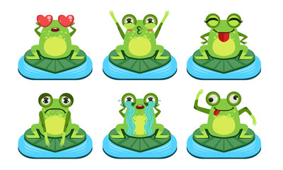 Green Funny Frog Characters Set, Cute Amphibian in Different Activities Vector Illustration