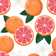Grapefruit seamless pattern. Pink citrus fruits, green leaves and flowers on a white background. Vector illustration of healthy food in cartoon simple flat style.