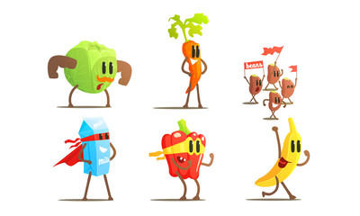 Superhero Food In Masks And Capes Set, Funny Humanized Fruits, Vegetables and Milk Characters In Costumes Vector Illustration