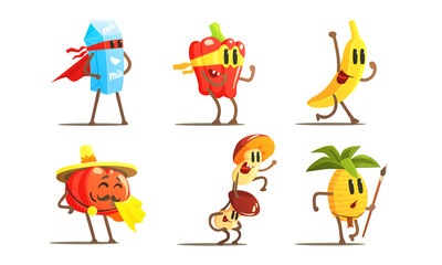 Superhero Food In Masks And Capes Set, Funny Humanized Characters In Costumes Vector Illustration