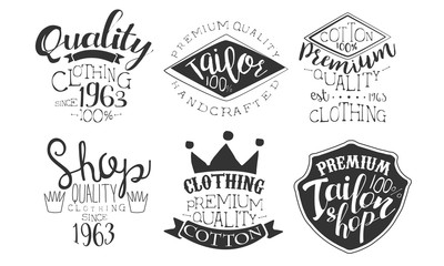 Fototapeta premium Tailor Shop Premium Retro Labels Set, Shop Quality Hand Drawn Badges Monochrome Vector Illustration