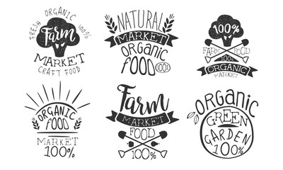 Farm Market Retro Labels Set, Fresh Organic Natural Craft Food, Organic Green Garden Hand Drawn Badges Monochrome Vector Illustration